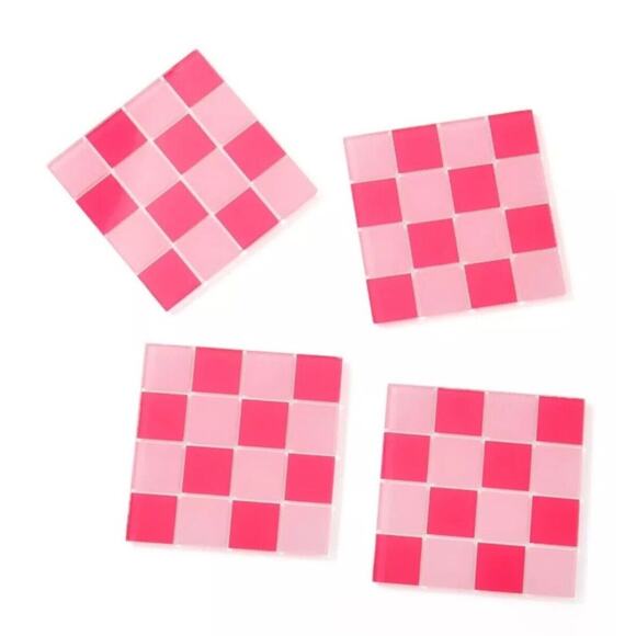 Bullseye’s Playground Square Drink Coasters (4) Count Pink Checkered Mosaic New - Picture 1 of 4